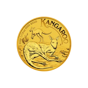The 1/10 oz Australian Kangaroo Gold Coin 2025 features two kangaroos, detailed engravings, a textured surface, and the inscription KANGAROO 2025 1/10oz 9999 GOLD along its edge.