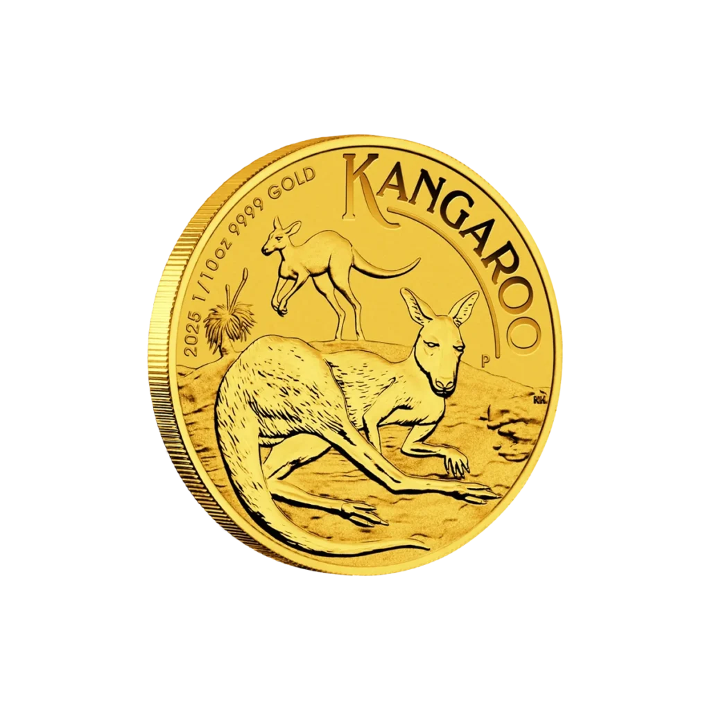 La moneda de 1/10 oz Canguro Australiano Oro 2025 muestra dos canguros -uno descansando y otro saltando- con la inscripción "KANGAROO", el año, el peso, la pureza y un estilizado árbol de hierba grabados en su superficie.