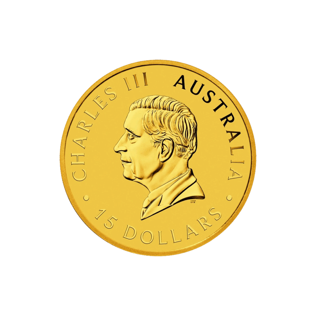 Moneta d'oro da 1/10 oz Canguro Oro 2025 dell'Australia con re Carlo III rivolto a sinistra e le iscrizioni CHARLES III, AUSTRALIA e 15 DOLLARS.
