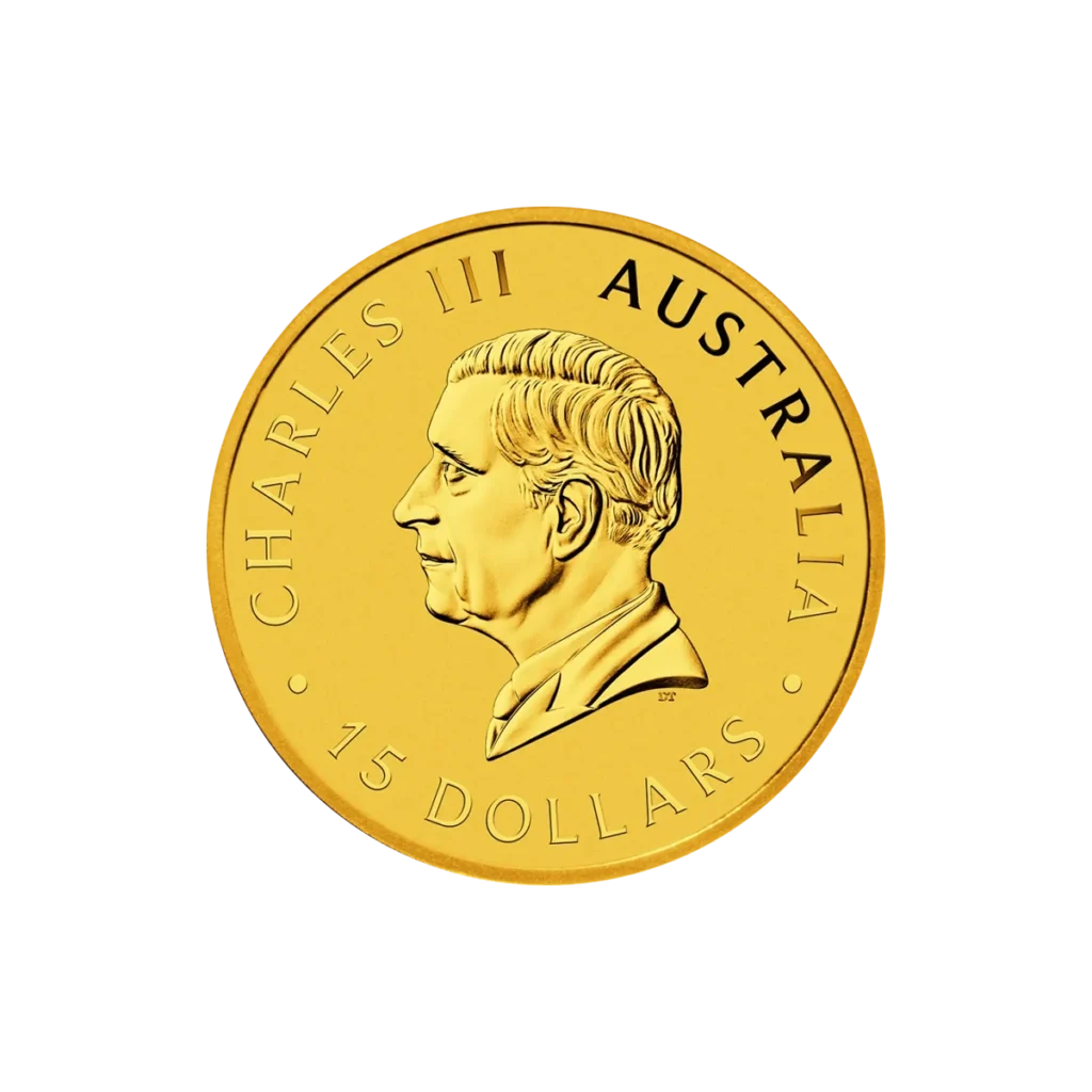 El Canguro Australiano Oro 2025 de 1/10 oz es una moneda australiana de oro con el perfil izquierdo del rey Carlos III, la inscripción CHARLES III AUSTRALIA y una denominación de 15 DÓLARES.