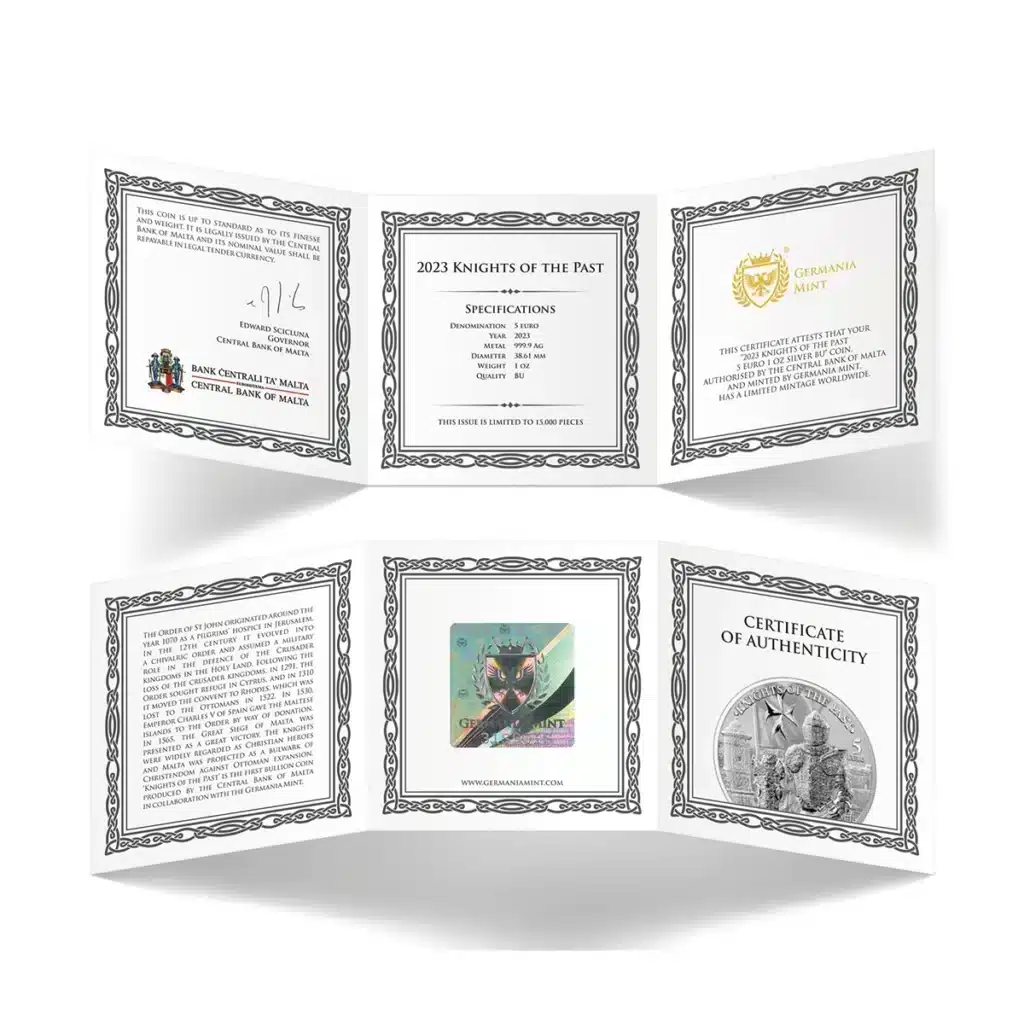 The six-panel certificate for the 2023 Knights of the Past 5 Euro 1 oz Silver BU features text, decorative borders, official seals, signatures, and a medieval knight in armor with a sword and shield, plus "Certificate of Authenticity.