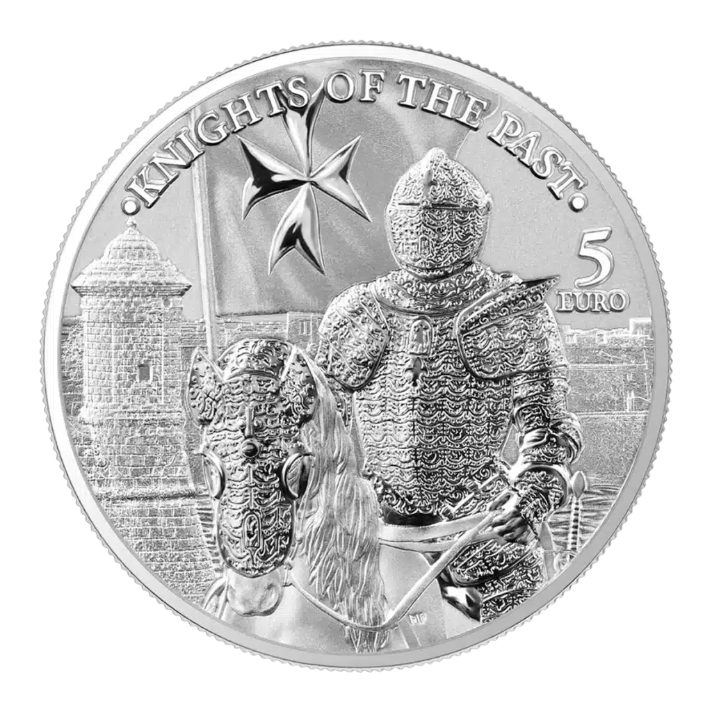 The 2023 Knights of the Past 5 Euro 1 oz Silver BU coin shows a knight in detailed armor on horseback before a medieval stone tower, with “KNIGHTS OF THE PAST” and “5 EURO” inscribed on its surface.