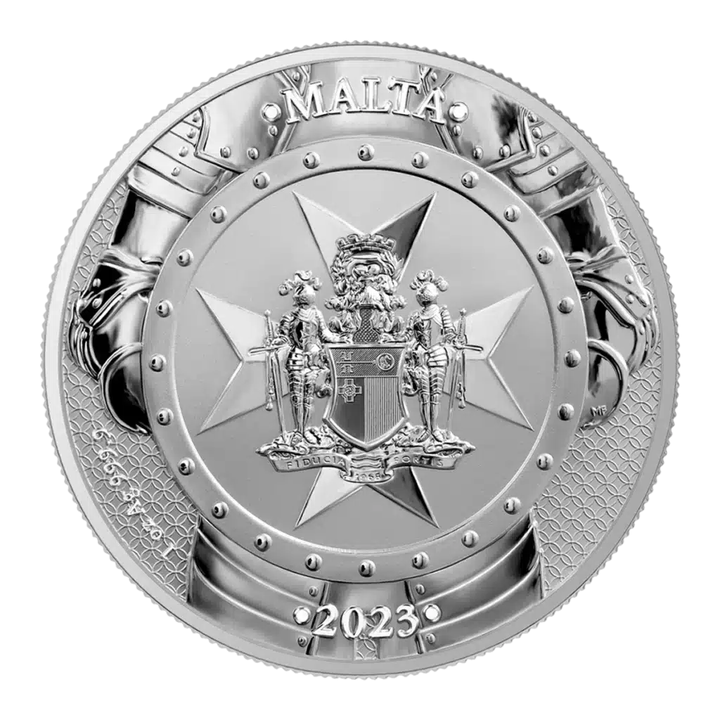 The 2023 Knights of the Past 5 Euro 1 oz Silver BU coin features Malta’s coat of arms with armored arms holding a shield, the year “2023” below, and “Malta” above, all centered around a prominent Maltese cross design.