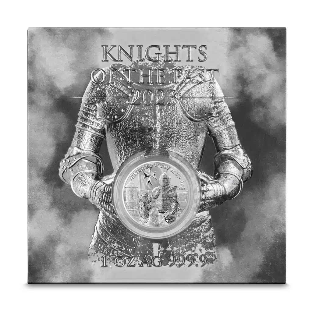 The 2023 Knights of the Past 5 Euro 1 oz Silver BU shows a silver coin with a knight before an armored warrior, "KNIGHTS OF THE PAST 2023" above, "1 OZ AG 999.9" below, and a smoky, dramatic background.