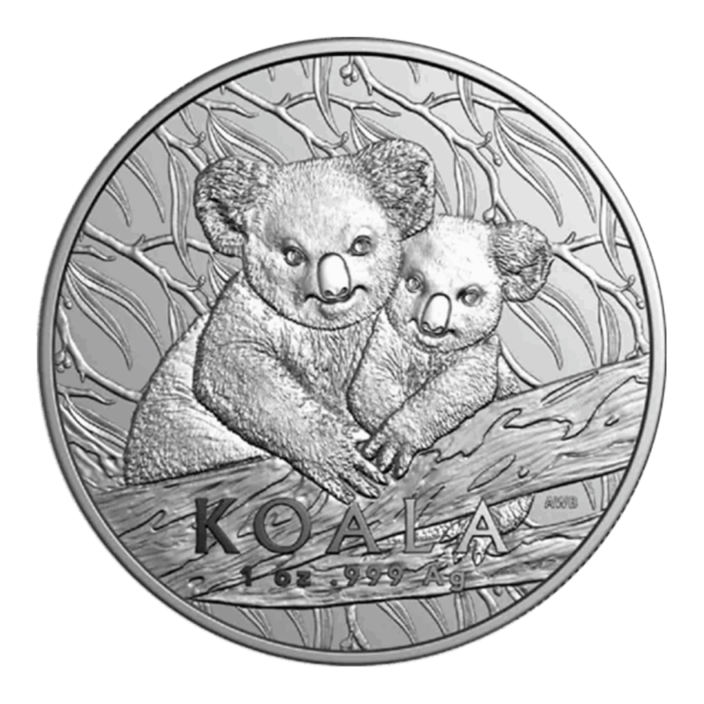 La moneta da 1 oz Koala Australiano Argento 2025 raffigura due koala su un ramo d'albero con foglie e reca in basso le iscrizioni "KOALA" e "1 oz 999 Ag".