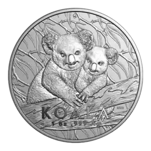 La moneda de plata de 1 oz Koala Australiano Plata 2025 muestra dos koalas sobre una rama de árbol con hojas al fondo, y lleva inscrito "KOALA" y "1 OZ .999 AG" en la parte inferior.