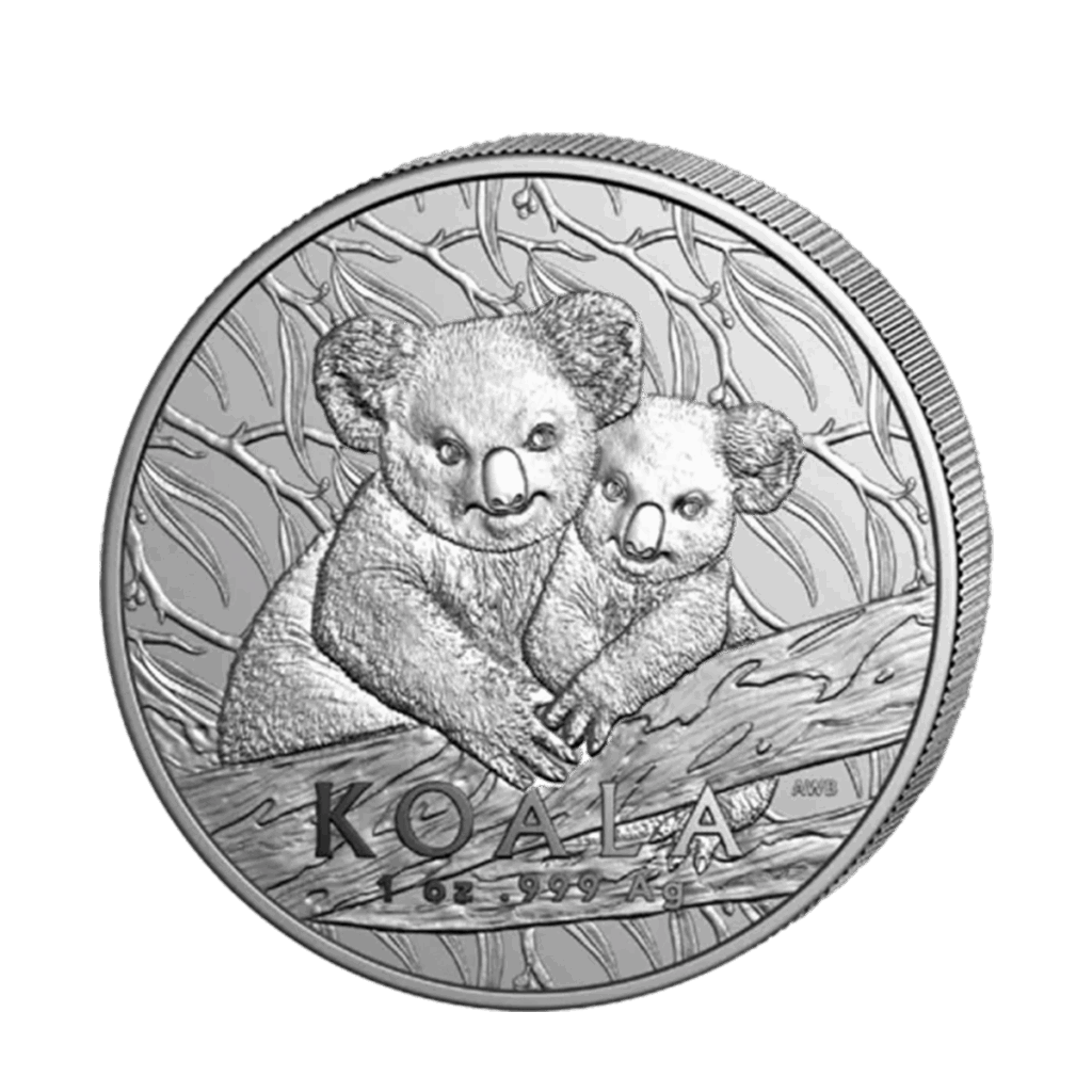 La moneta da 1 oz Koala Australiano Argento 2025 presenta due koala abbracciati su un ramo d'albero con foglie e le iscrizioni "KOALA" e "1 oz 999 Ag" nella parte inferiore.
