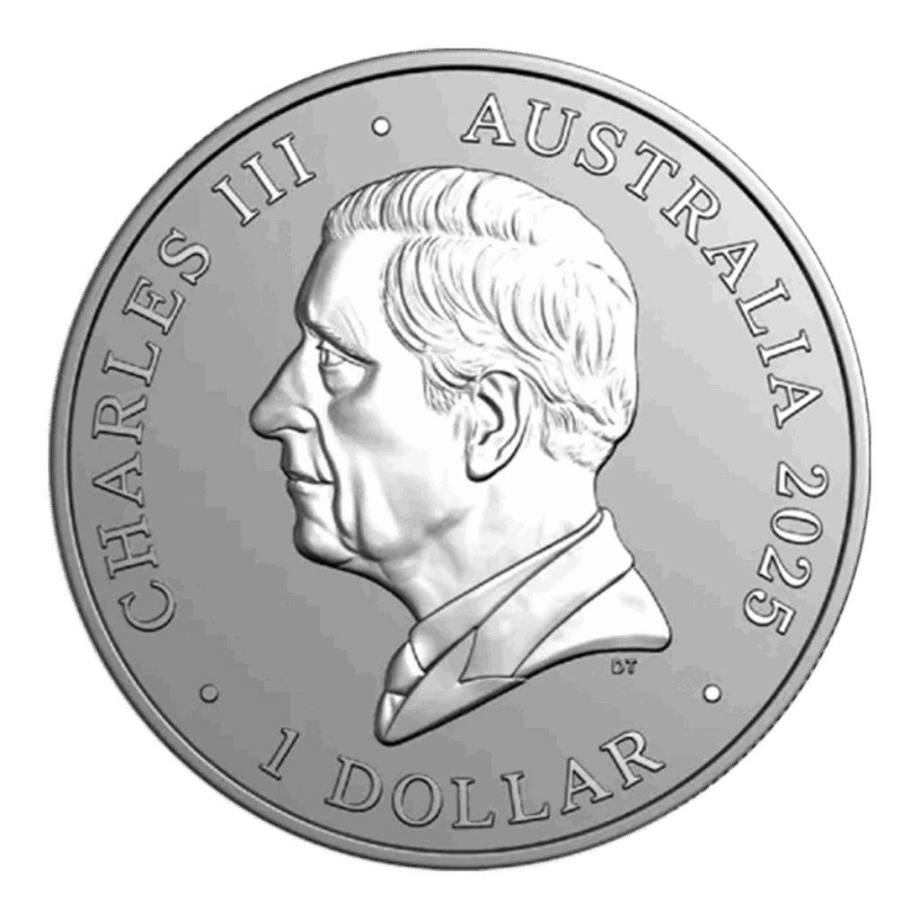 La moneta da 1 oz Koala Australiano Argento 2025 presenta un ritratto di Re Carlo III rivolto verso sinistra con le iscrizioni CHARLES III, AUSTRALIA 2025 e 1 DOLLAR.