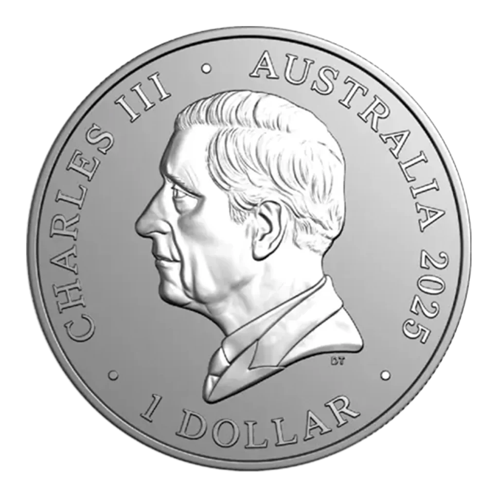La moneda de plata de 1 oz Koala Australiano Plata 2025 de Australia muestra un retrato del rey Carlos III mirando hacia la izquierda, con las inscripciones CHARLES III, AUSTRALIA 2025, y 1 DOLLAR alrededor del borde.