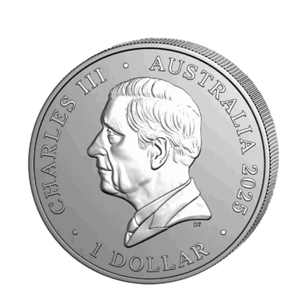 Moneta d'argento australiana da 1 oz. del 2025 con ritratto del re Carlo III rivolto verso sinistra e iscrizioni sul bordo: CHARLES III, AUSTRALIA 2025 e 1 DOLLAR.