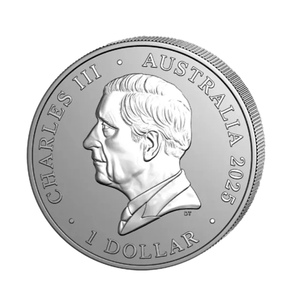 Moneda de plata koala australiana de 1 onza de 2025 con el retrato del rey Carlos III mirando hacia la izquierda y la inscripción CHARLES III AUSTRALIA 2025 1 DOLLAR alrededor del borde.