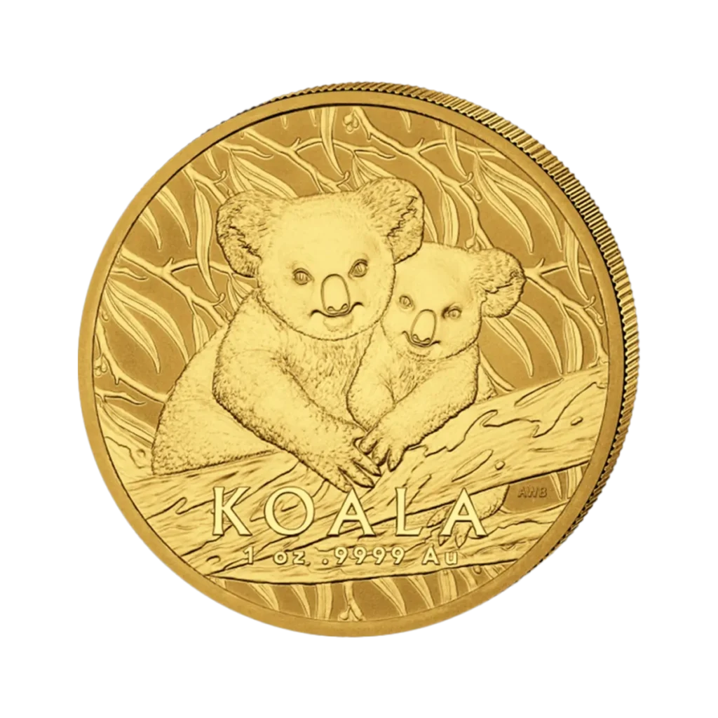 La moneda de 1 oz Koala Australiano Oro 2025 de la Real Casa de la Moneda de Australia muestra dos koalas abrazados en la rama de un árbol, con la inscripción "KOALA" y "1 oz 9999 Au" grabada debajo.