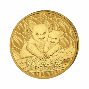 Il Koala Oro 2025 da 1 oz della Royal Australian Mint raffigura due koala abbracciati su un ramo con foglie di eucalipto, oltre alle iscrizioni "KOALA" e "1 oz 9999 AU" in basso.