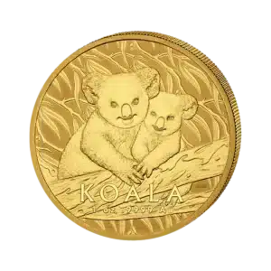 La moneda de 1 oz Koala Australiano Oro 2025 de la Real Casa de la Moneda de Australia muestra dos koalas abrazados en la rama de un árbol, con la inscripción "KOALA" y "1 oz 9999 Au" grabada debajo.