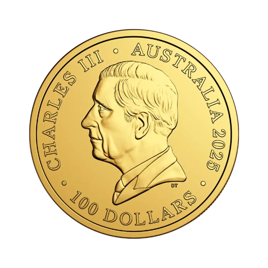 El Koala Australiano Oro 2025 de 1 oz de la Real Casa de la Moneda de Australia es una moneda de oro que muestra un perfil del rey Carlos III mirando hacia la izquierda, con CHARLES III, AUSTRALIA 2025 y 100 DÓLARES inscritos en el canto.