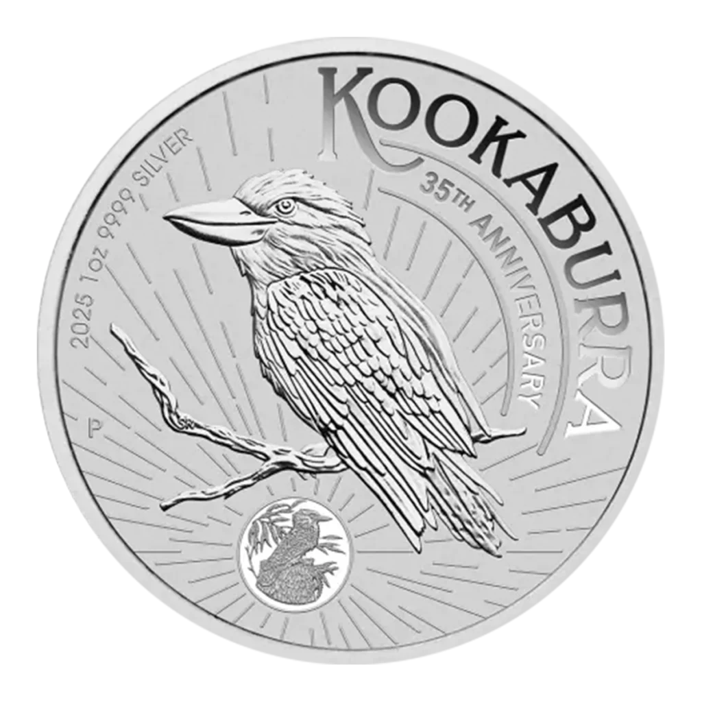 La moneda de 1 oz Kookaburra Australiano Plata 2025 muestra un kookaburra posado en una rama, el texto "KOOKABURRA 35º ANIVERSARIO, 2025 1oz 9999 PLATA" y una imagen más pequeña de un kookaburra debajo.