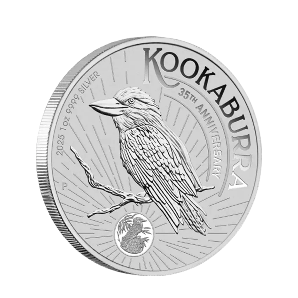 La Kookaburra Australiano Plata 2025 de 1 oz es una moneda de plata con una detallada kookaburra en una rama, inscripción KOOKABURRA 35TH ANNIVERSARY, una imagen de kookaburra insertada, fechada en 2025, y marcada 1oz 9999 SILVER.