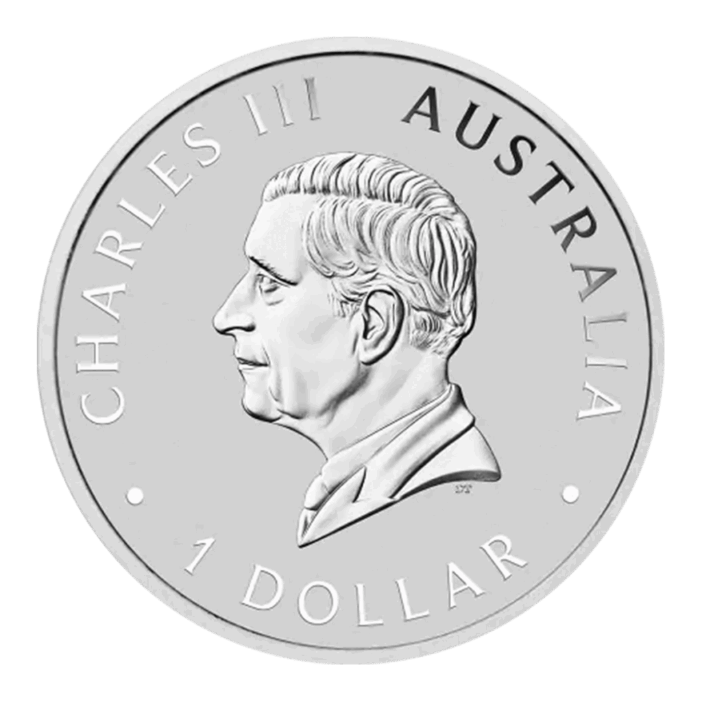 Moneta d'argento da 1 oz di Kookaburra australiano del 2025, con profilo di Carlo III rivolto a sinistra e "CHARLES III AUSTRALIA 1 DOLLAR" inciso intorno al ritratto.