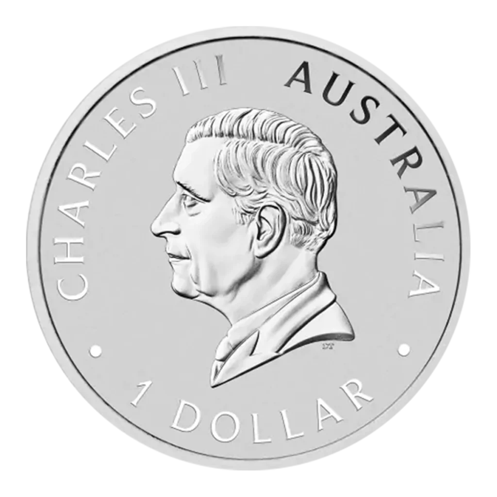 Moneda de plata de 1 onza del Kookaburra Australiano Plata 2025 con el perfil de un hombre de pelo corto mirando hacia la izquierda. Las inscripciones incluyen CHARLES III, AUSTRALIA, y 1 DOLLAR.