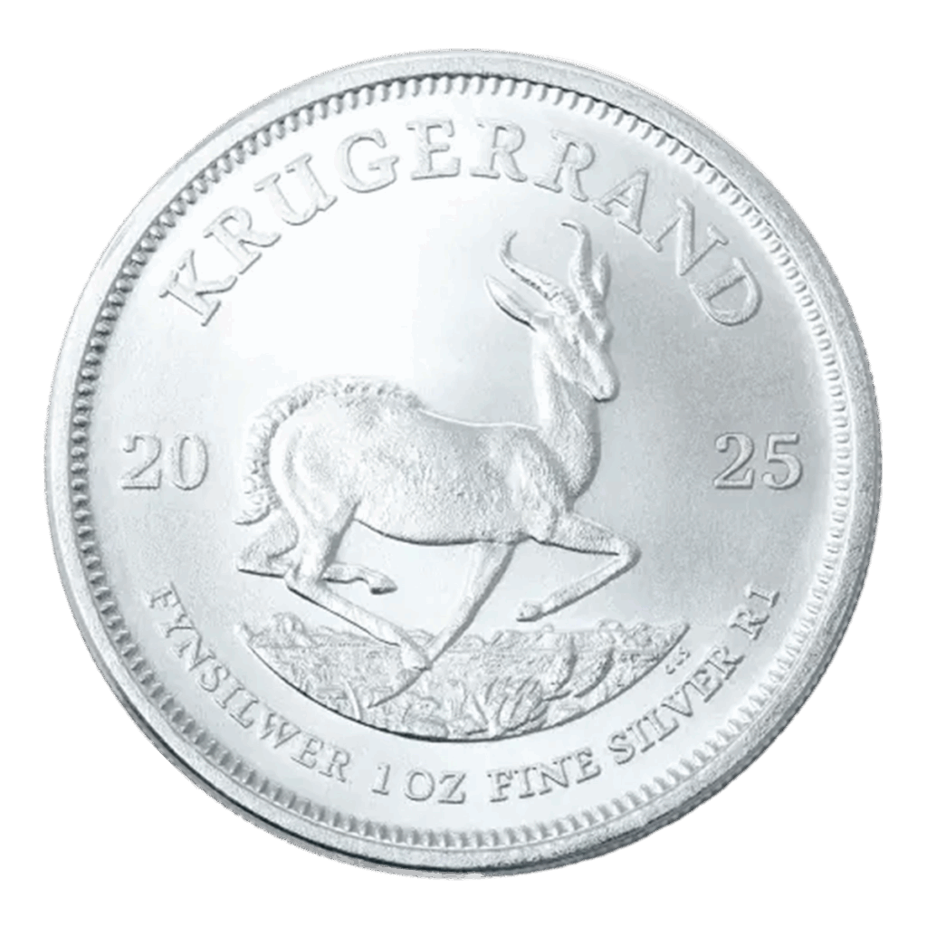 La moneta da 1 oz Krugerrand Argento 2025 presenta un'antilope springbok, con il testo KRUGERRAND in alto e FYNSILWER 1 OZ FINE SILVER R1 in basso.