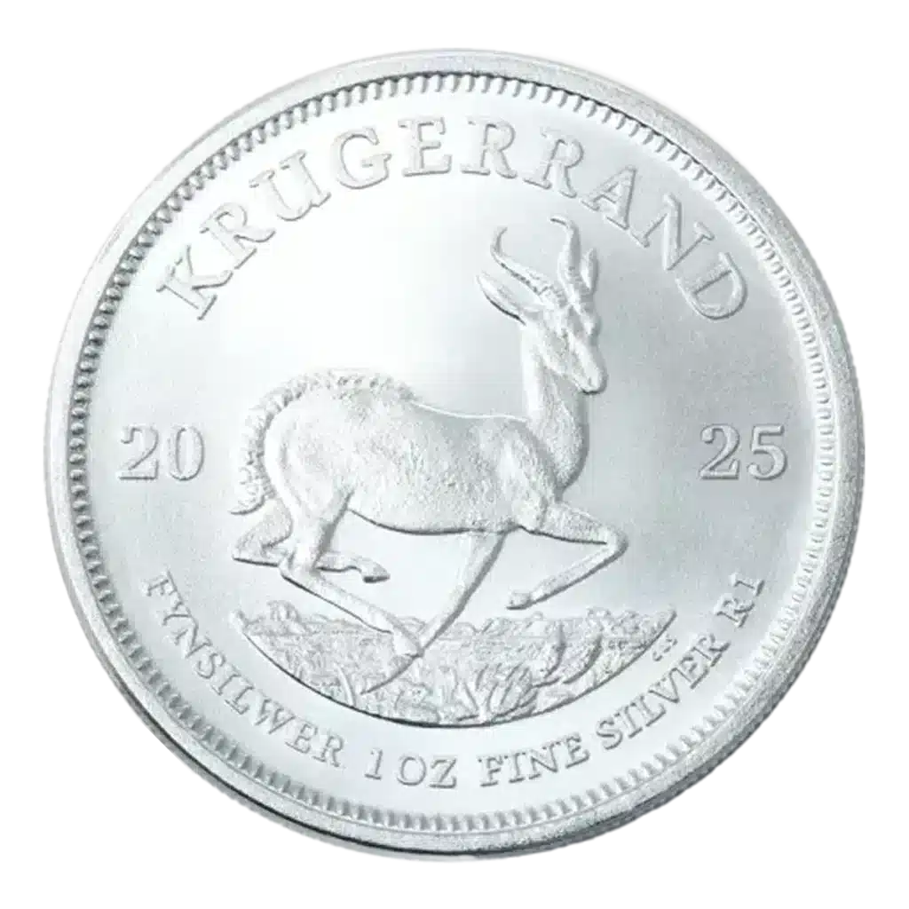 El Krugerrand Plata 2025 de 1 oz es una moneda de plata que muestra un antílope springbok, con la inscripción KRUGERRAND encima y FYNSILWER 1 OZ FINE SILVER R1 debajo.