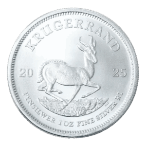 La moneta da 1 oz Krugerrand Argento 2025 presenta un'antilope springbok, con il testo KRUGERRAND in alto e FYNSILWER 1 OZ FINE SILVER R1 in basso.
