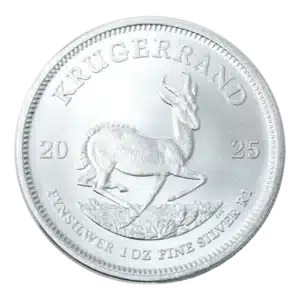 El Krugerrand Plata 2025 de 1 oz es una moneda de plata que muestra un antílope springbok, con la inscripción KRUGERRAND encima y FYNSILWER 1 OZ FINE SILVER R1 debajo.