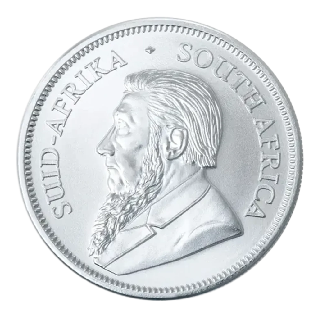 El Krugerrand Plata 2025 de 1 oz muestra una moneda de plata con un hombre barbudo de perfil mirando hacia la izquierda y las inscripciones SUID-AFRIKA y SOUTH AFRICA alrededor del borde.
