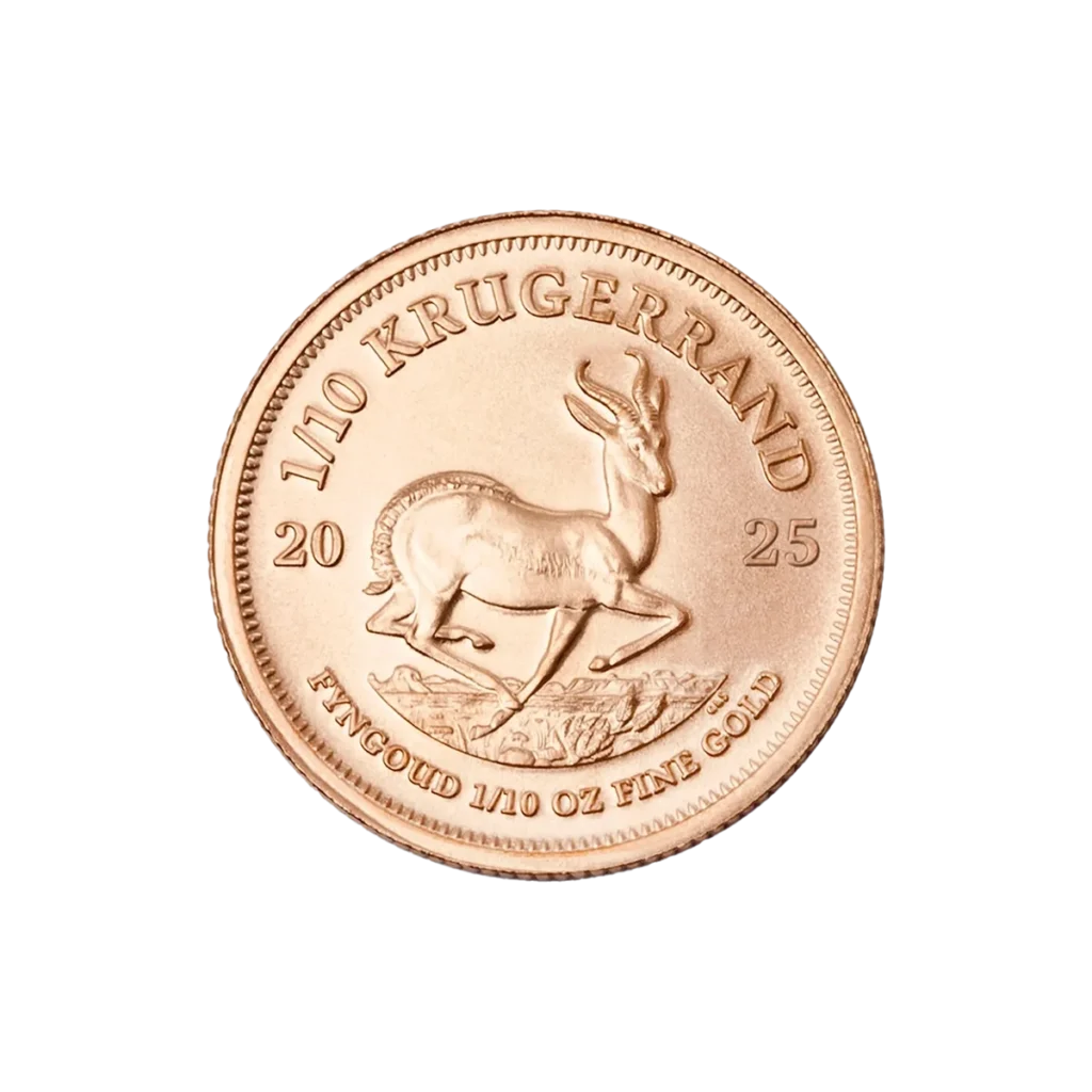 El Krugerrand Oro 2025 de 1/10 oz presenta un antílope springbok en el centro, "1/10 KRUGERRAND" en la parte superior, "2025" a cada lado y "FYNGOUD 1/10 OZ FINE GOLD" en la parte inferior.