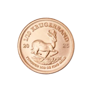 El Krugerrand Oro 2025 de 1/10 oz presenta un antílope springbok en el centro, "1/10 KRUGERRAND" en la parte superior, "2025" a cada lado y "FYNGOUD 1/10 OZ FINE GOLD" en la parte inferior.