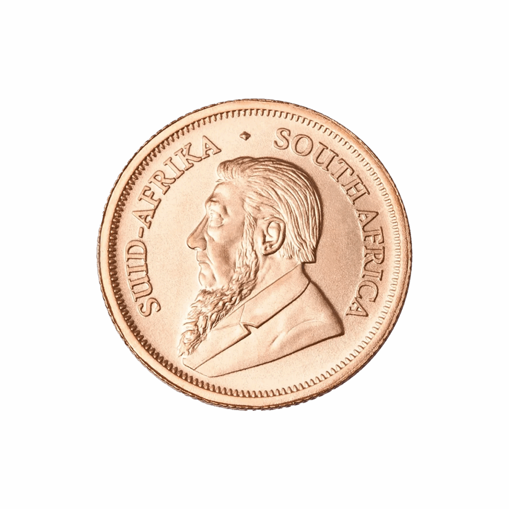 Primo piano di una moneta d'oro da 1/10 oz Krugerrand Oro 2025 con il profilo laterale di Paul Kruger e le scritte "SUID-AFRIKA" e "SOUTH AFRICA" intorno al bordo.