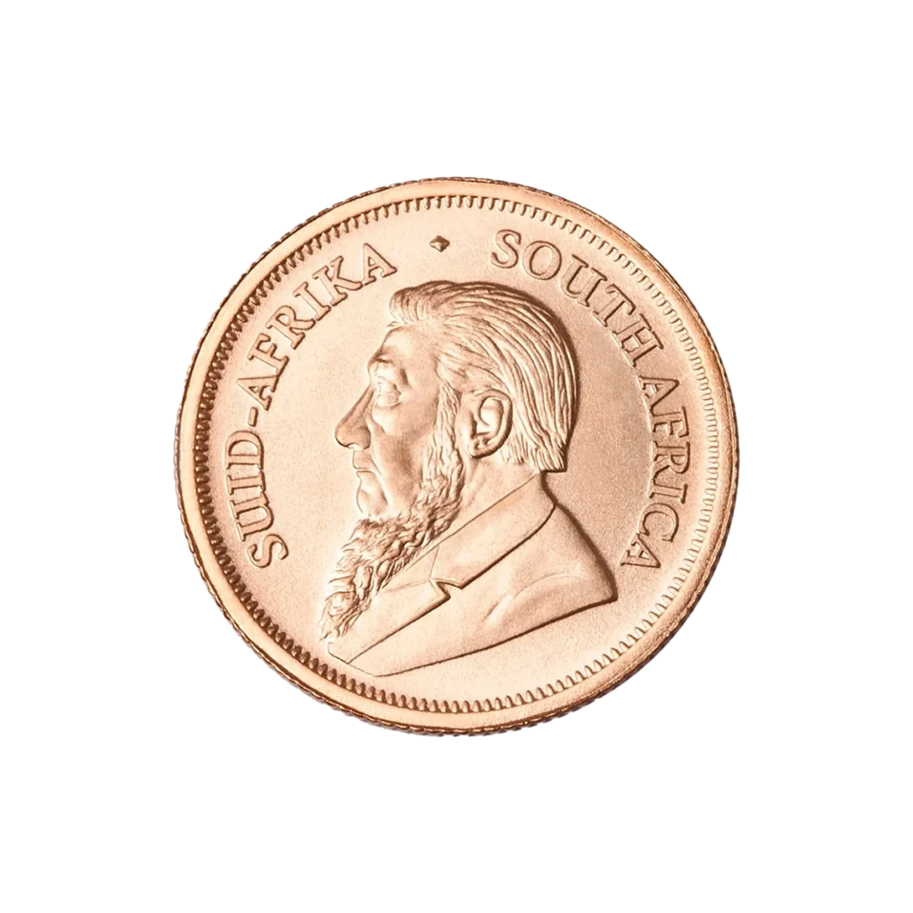 El Krugerrand Oro 2025 de 1/10 oz es una moneda de oro con el perfil lateral de un hombre barbudo y las inscripciones SUID-AFRIKA y SOUTH AFRICA en el canto.