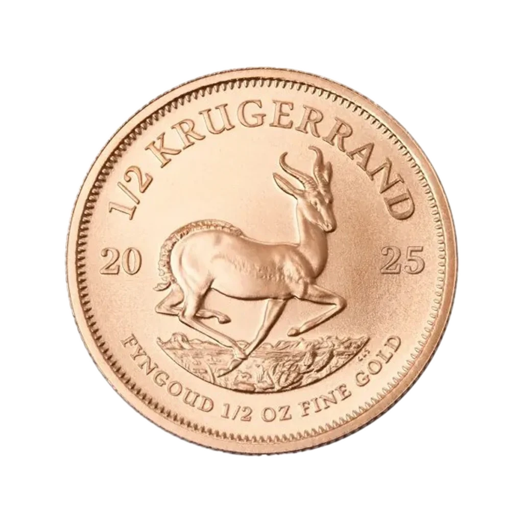 The 1/2 oz Krugerrand Gold Coin 2025 features a springbok antelope and inscriptions: "1/2 KRUGERRAND," the year 2025, and "FYNGOUD 1/2 OZ FINE GOLD" along its edges.
