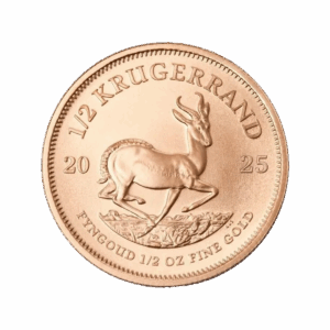 Il Krugerrand Oro 2025 da 1/2 oz presenta un'antilope springbok al centro, la scritta "1/2 KRUGERRAND" in alto e dettagli in oro in basso.