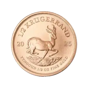 The 1/2 oz Krugerrand Gold Coin 2025 features a springbok antelope and inscriptions: "1/2 KRUGERRAND," the year 2025, and "FYNGOUD 1/2 OZ FINE GOLD" along its edges.