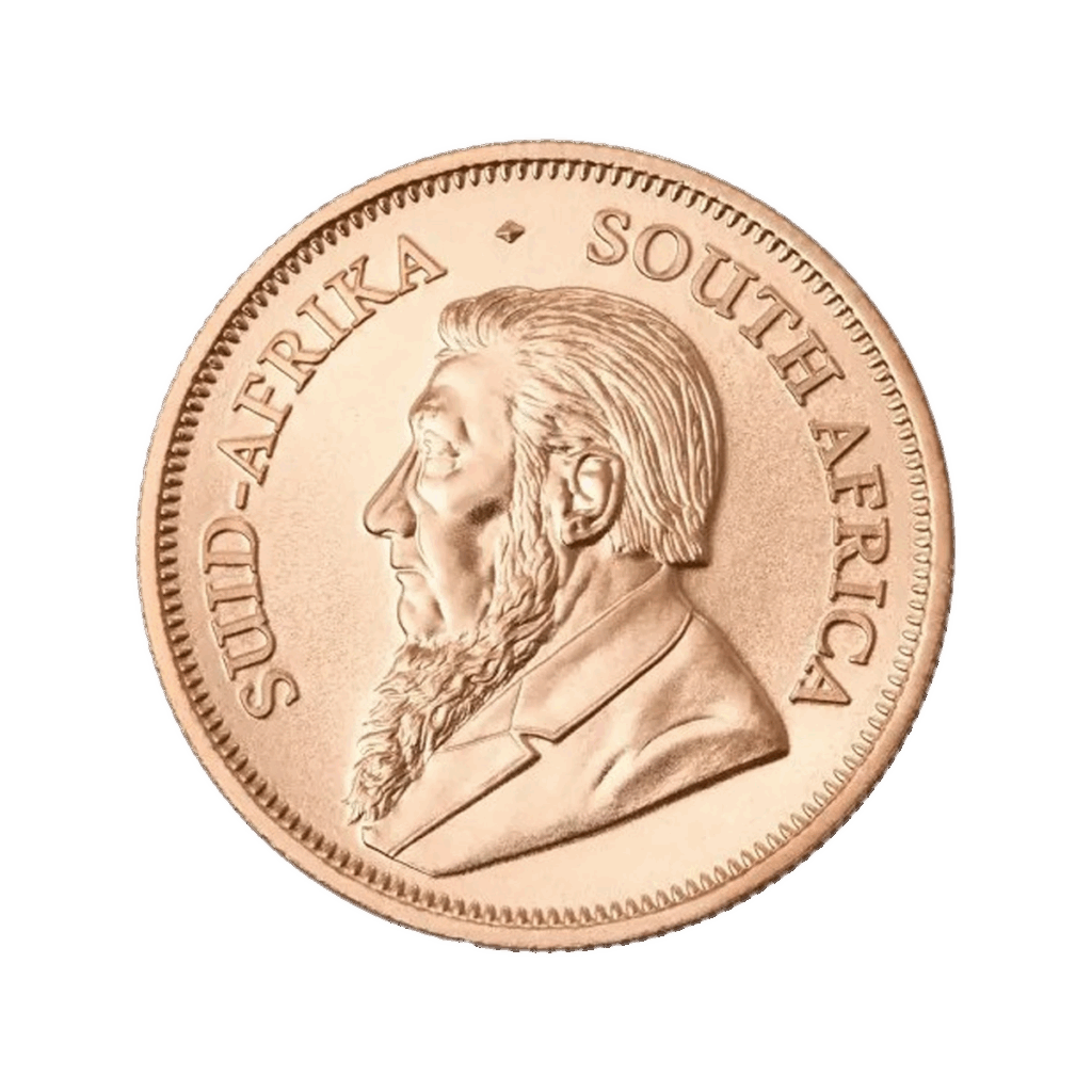 Il Krugerrand Oro 2025 da 1/2 oz è una moneta d'oro sudafricana con il ritratto di Paul Kruger rivolto a sinistra e l'iscrizione SUID-AFRIKA - SOUTH AFRICA intorno al bordo.