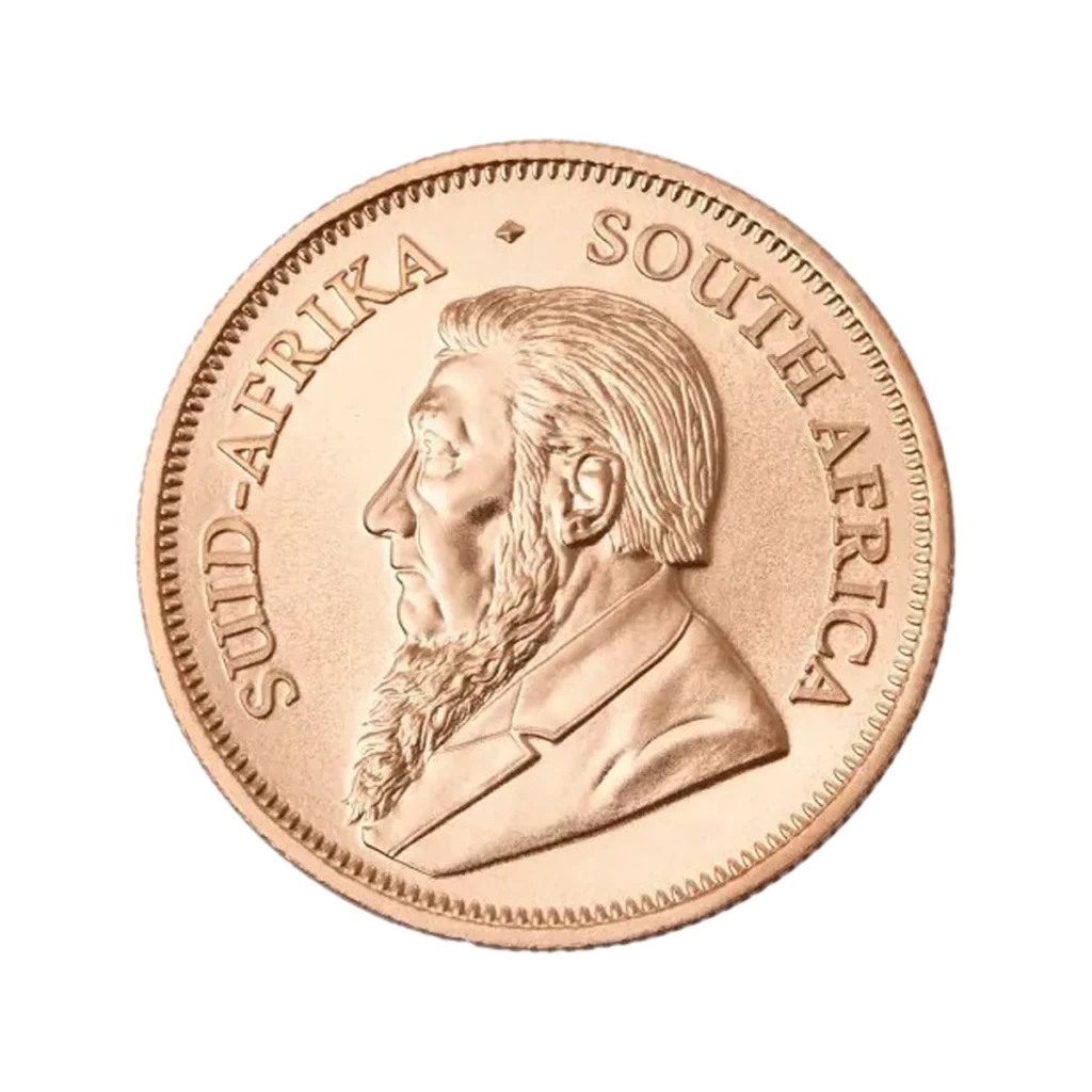 The 1/2 oz Krugerrand Gold Coin 2025 features a side-profile of a bearded man with "SUID-AFRIKA" and "SOUTH AFRICA" inscribed around the edge on a white background.