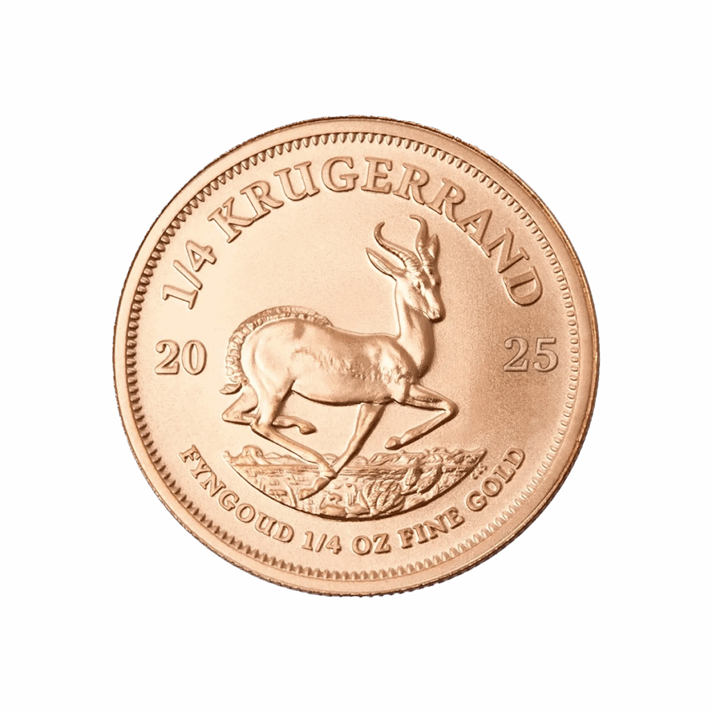 Il Krugerrand Oro 2025 da 1/4 di oz è una moneta d'oro con un'antilope springbok al centro, l'anno e il taglio intorno al bordo e l'iscrizione "FYNGOUD 1/4 OZ FINE GOLD" in basso.