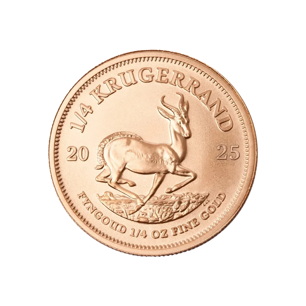 El 1/4 oz Krugerrand Oro 2025 es una moneda de oro que representa un antílope springbok, con la inscripción "1/4 KRUGERRAND", el año "2025" y "FYNGOUD 1/4 OZ FINE GOLD" en la parte inferior.