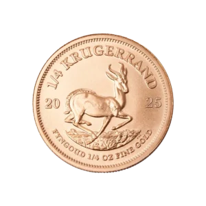 El 1/4 oz Krugerrand Oro 2025 es una moneda de oro que representa un antílope springbok, con la inscripción "1/4 KRUGERRAND", el año "2025" y "FYNGOUD 1/4 OZ FINE GOLD" en la parte inferior.