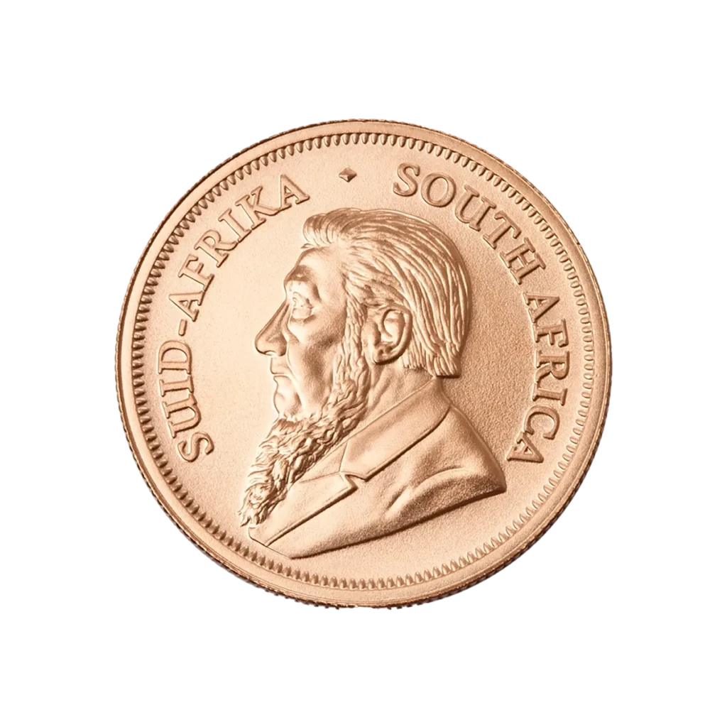 El Krugerrand Oro 2025 de 1/4 oz es una moneda de oro que representa a un hombre barbudo de perfil, con "SUID-AFRIKA" y "SOUTH AFRICA" inscritos a lo largo de los bordes.