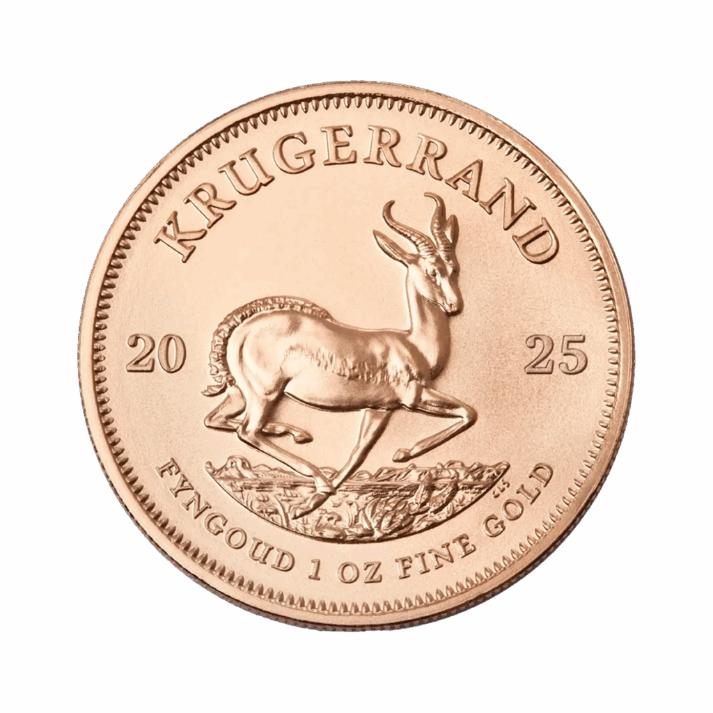 La moneta da 1 oz Krugerrand Oro 2025 presenta un'antilope springbok al centro, con l'iscrizione "KRUGERRAND" e la scritta "FYNGOUD 1 OZ FINE GOLD" lungo il bordo inferiore.