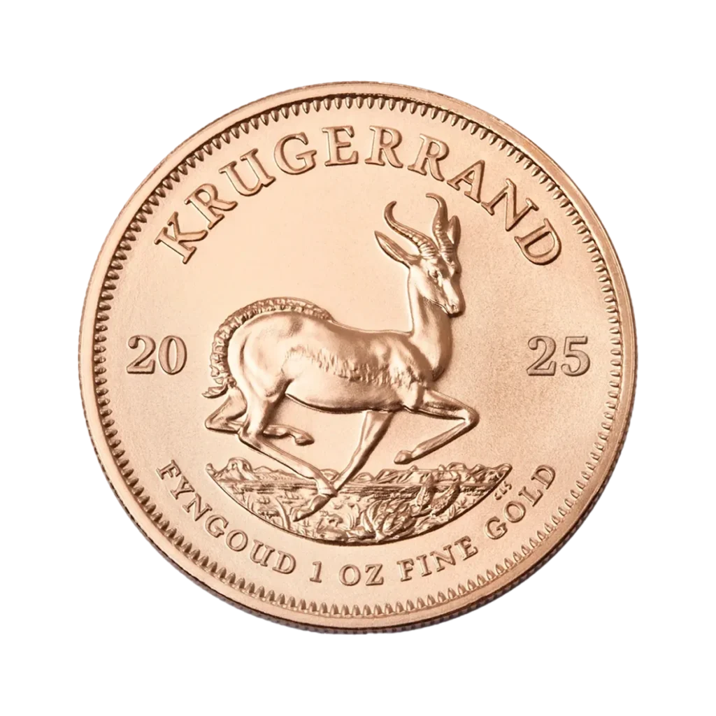 La moneda de 1 oz Krugerrand Oro 2025 muestra un antílope springbok, la inscripción KRUGERRAND, el año 2025 y FYNGOUD 1 OZ FINE GOLD en el borde inferior.