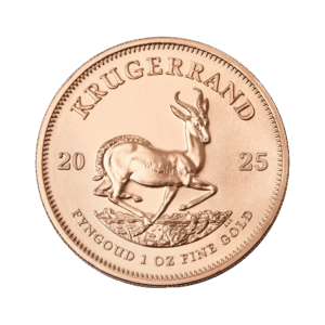 La moneta da 1 oz Krugerrand Oro 2025 presenta un'antilope springbok al centro, con l'iscrizione "KRUGERRAND" e la scritta "FYNGOUD 1 OZ FINE GOLD" lungo il bordo inferiore.