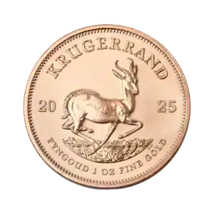 La moneda de 1 oz Krugerrand Oro 2025 muestra un antílope springbok, la inscripción KRUGERRAND, el año 2025 y FYNGOUD 1 OZ FINE GOLD en el borde inferior.