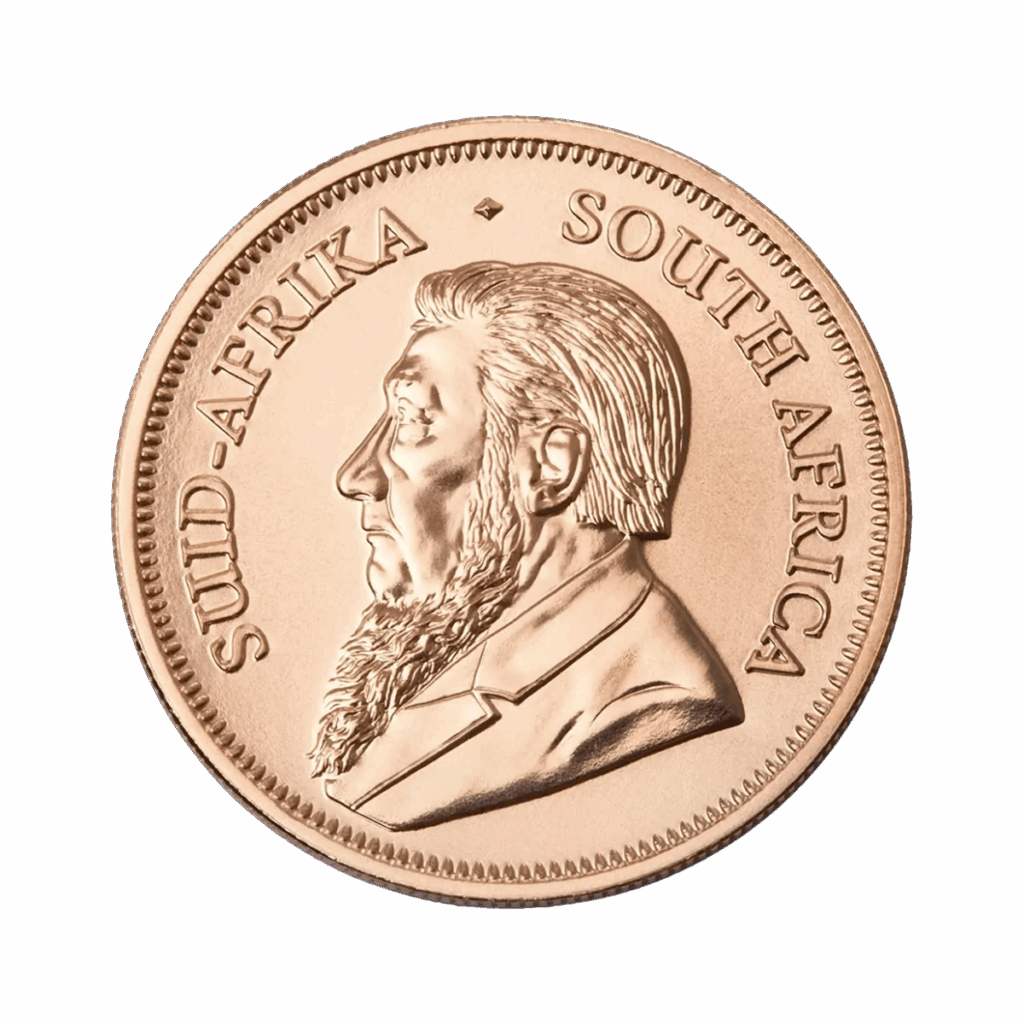 Il Krugerrand Oro 2025 da 1 oz presenta una moneta d'oro con il profilo di un uomo barbuto rivolto verso sinistra, SUID-AFRIKA sul bordo sinistro e SOUTH AFRICA su quello destro.