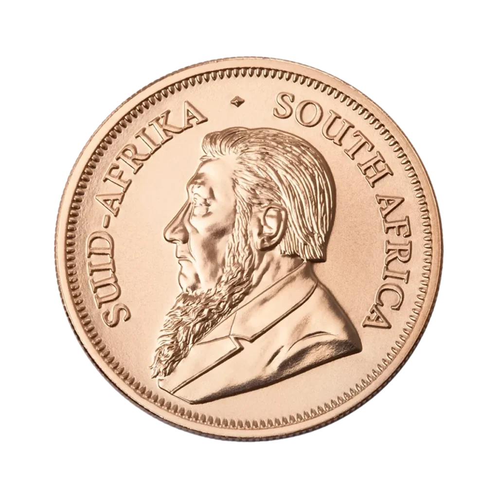 El Krugerrand Oro 2025 de 1 oz es una moneda de oro con el perfil de un hombre barbudo mirando hacia la izquierda y "SUID-AFRIKA" y "SOUTH AFRICA" inscritos a lo largo del borde superior.