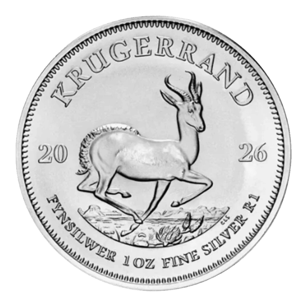 La moneda Krugerrand de Plata 2026 de 1 oz presenta un antílope springbok, con el texto KRUGERRAND en la parte superior y FYNSILWER 1 OZ FINE SILVER R1 en la parte inferior