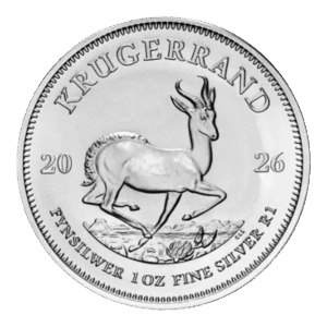 La moneda Krugerrand de Plata 2026 de 1 oz presenta un antílope springbok, con el texto KRUGERRAND en la parte superior y FYNSILWER 1 OZ FINE SILVER R1 en la parte inferior