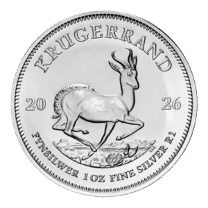 La moneta da 1 oz Krugerrand Argento 2026 presenta un'antilope springbok, con il testo KRUGERRAND in alto e FYNSILWER 1 OZ FINE SILVER R1 in basso.